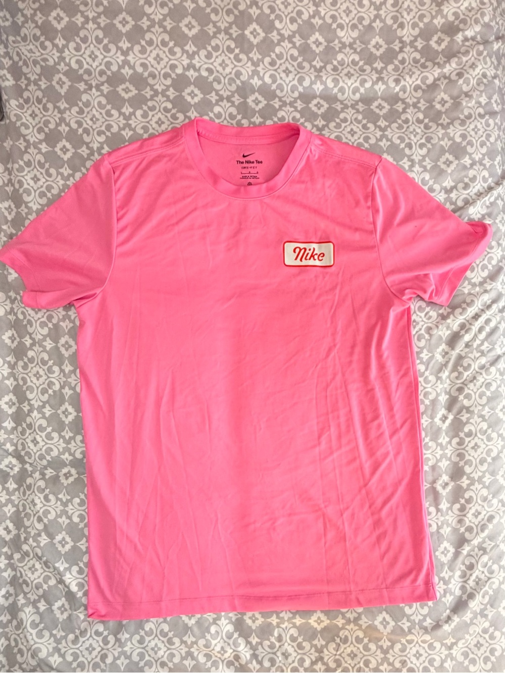 Nike Men's Bright Pink Crew Neck Tee with Script Patch